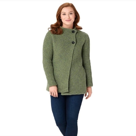 Fisherman Out of Ireland Merino Wool and Cashmere Blend Ribbed Cardigan GREEN S - Picture 1 of 9